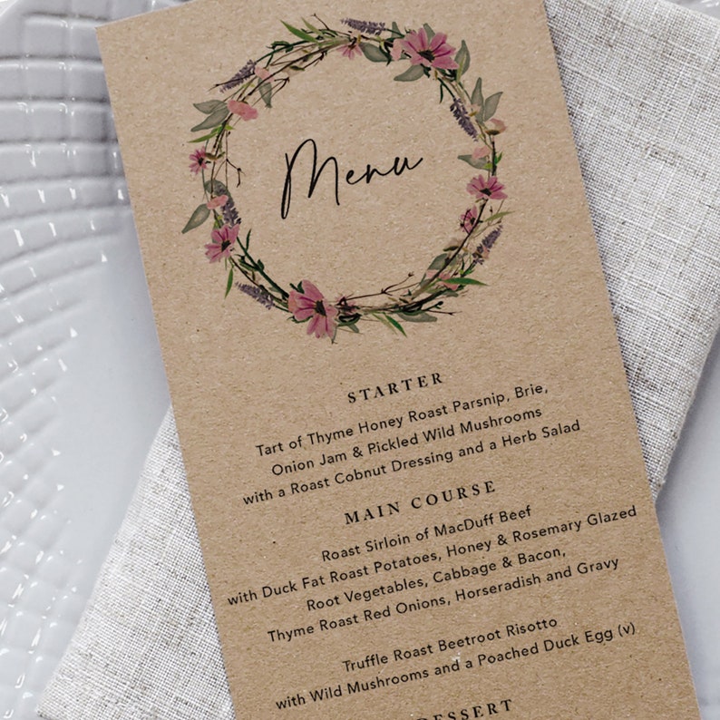 Kraft Wedding Menu, Wedding Menu Card, Menus For Wedding, Wedding Breakfast, Drinks Menu, Wedding Dinner, Rustic Menu, Whisper Wreath Kraft image 1