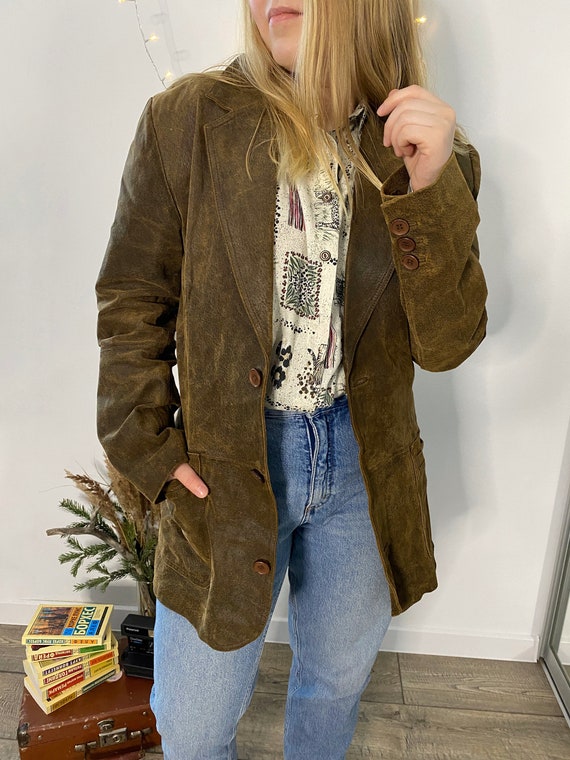 Vintage distressed leather women blazer 90s Brown