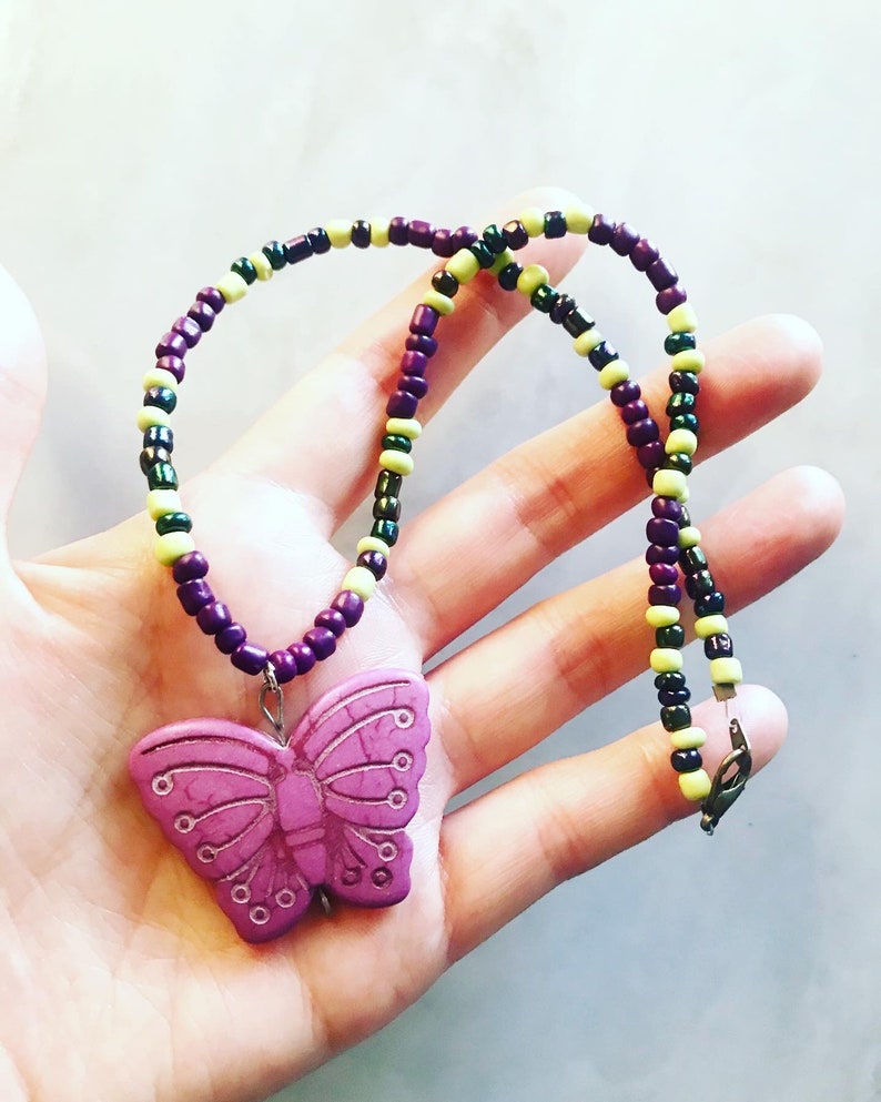 15\u201d Purple stone butterfly pendant loose choker necklace black holographic beads chartreuse beads and purple beads