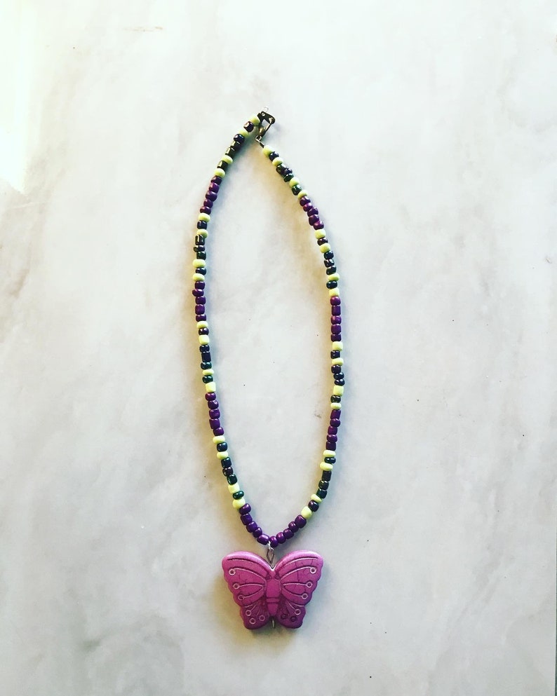 15\u201d Purple stone butterfly pendant loose choker necklace black holographic beads chartreuse beads and purple beads