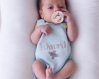 Personalized Knit Baby Romper | Embroidered Airplane, Custom Name, Cotton Newborn Outfit