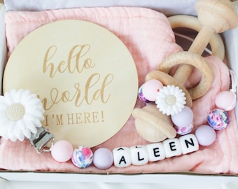 Personalized Baby Gift Set Box, Security Blanket, Pacifier Clip, Rattle