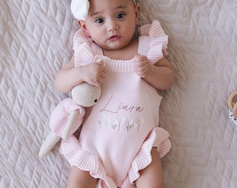 Personalized Floral Knit Baby Romper | Custom Name Keepsake Outfit