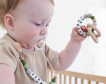 Personalized Pacifier Clip: Montessori Rattle Toy - Baby Keepsake