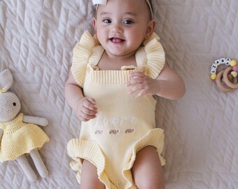 Personalized Knit Baby Romper | Floral Embroidered Cotton Outfit, Keepsake Gift