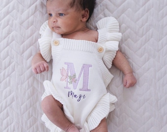 Personalized Knit Baby Romper | Embroidered Butterfly, Custom Name, Cotton Newborn Outfit