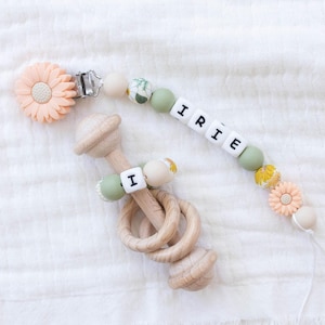Personalized Peach Colored flower Pacifier Clip with Matching Rattle, Custom Pacifier Clip, Newborn Baby Shower Gift Sets, Montessori Rattle