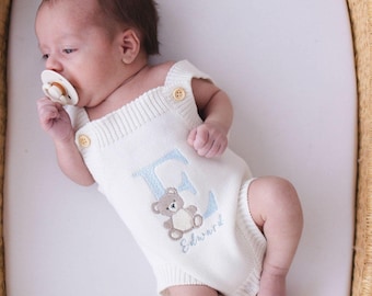 Personalized Knit Baby Romper | Bear Initial, Custom Name, Cotton Newborn Outfit