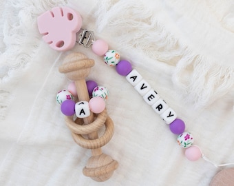Personalized Pacifier Clip: Montessori Rattle Toy - Baby Keepsake