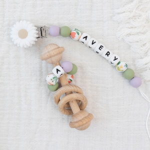 Personalized White flower Pacifier Clip with Matching Rattle Ring, Custom Pacifier Clip,  Newborn Baby Shower Gift Sets, Montessori Rattle