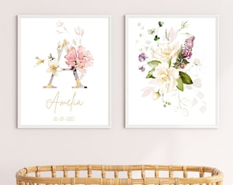 Set of 2 Floral Baby Girl Nursery Wall Decor, DIGITAL Floral Personalised Nursery Wall Art, Custom Baby Shower Gift for baby girl