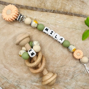 Personalized Peach Colored flower Pacifier Clip with Matching Rattle, Custom Pacifier Clip, Newborn Baby Shower Gift Sets, Montessori Rattle image 1