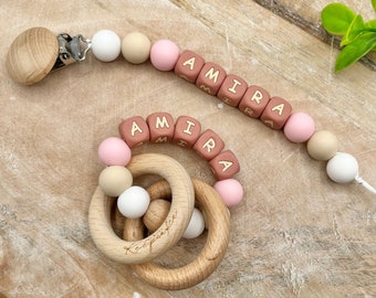Personalized Pacifier Clip with Matching Rattle Ring, Custom Pacifier Clip, Newborn Baby Shower Gift Sets, Montessori Rattle