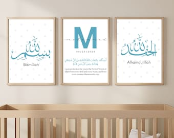 Set of 3 Islamic Wall Art Prints for Baby, Printable Muslim Nursery Posters, Islamic Gifts for Kids, Digital Download, Duaa for Baby, Blue