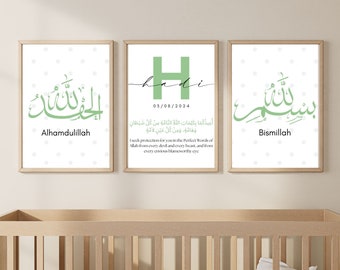 Set of 3 Islamic Wall Art Prints for Baby, Printable Muslim Nursery Posters, Islamic Gifts for Kids, Digital Download, Duaa for Baby, green