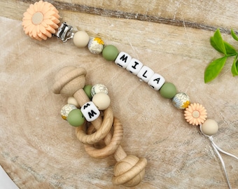 Personalized Peach Colored flower Pacifier Clip with Matching Rattle, Custom Pacifier Clip, Newborn Baby Shower Gift Sets, Montessori Rattle