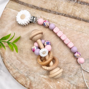 Personalized flower Pacifier Clip with Matching Rattle Ring, Personalized Baby Gifts, Newborn Baby Shower Gift Sets, Montessori Rattle image 1