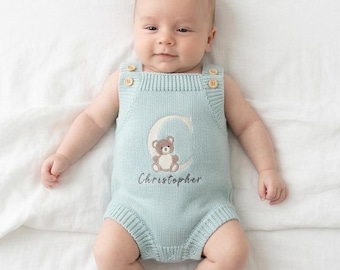 Personalized Knit Baby Romper | Bear Initial, Custom Name, Cotton Newborn Outfit