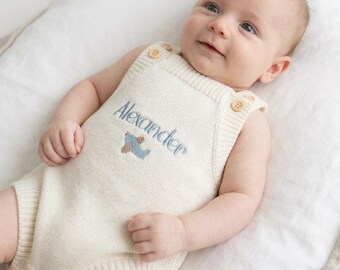 Personalized Knit Baby Romper | Airplane Embroidery, Cotton Newborn Outfit