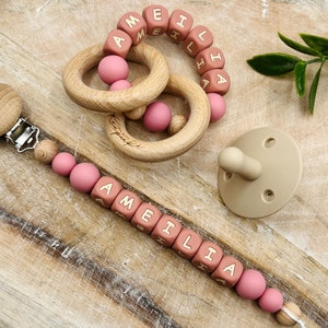 Personalized Pacifier Clip with matching rattle ring, Pacifier clip with name, newborn baby shower gift sets, Montessori rattle