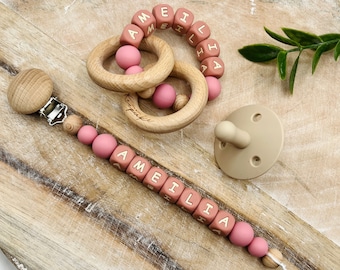 Personalized Pacifier Clip with matching rattle ring, Pacifier clip with name, newborn baby shower gift sets, Montessori rattle