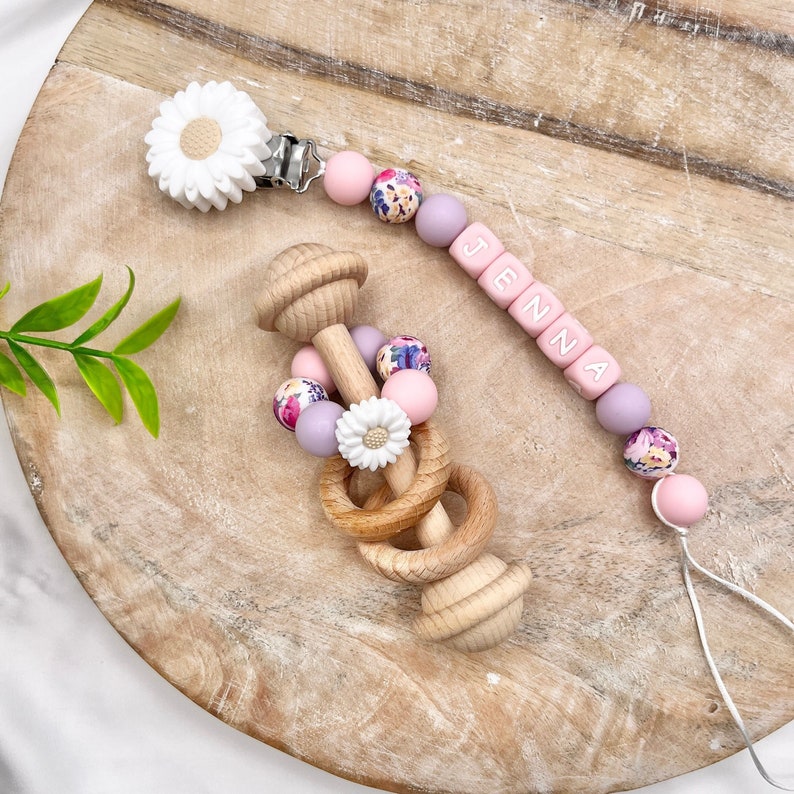 Personalized flower Pacifier Clip with Matching Rattle Ring, Personalized Baby Gifts, Newborn Baby Shower Gift Sets, Montessori Rattle image 1