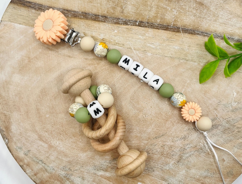 Personalized Peach Colored flower Pacifier Clip with Matching Rattle, Custom Pacifier Clip, Newborn Baby Shower Gift Sets, Montessori Rattle image 1