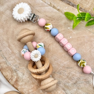 Personalized flower Pacifier Clip with Matching Rattle Ring, Personalized Baby Gifts, Newborn Baby Shower Gift Sets, Montessori Rattle image 7