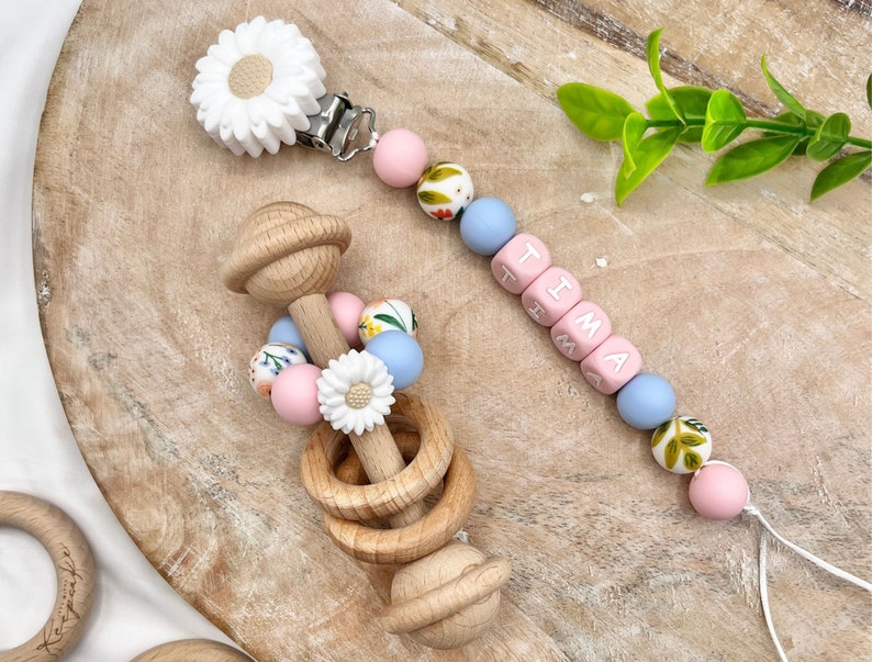 Personalized flower Pacifier Clip with Matching Rattle Ring, Personalized Baby Gifts, Newborn Baby Shower Gift Sets, Montessori Rattle image 7