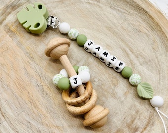 Personalized Leaf Pacifier Clip with Matching Rattle Ring, Custom Pacifier Clip,  Newborn Baby Shower Gift Sets, Montessori Rattle