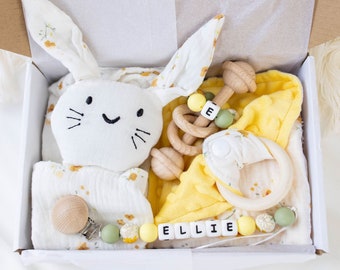 Baby Shower Gift Set, Newborn Gift For Newborn, New Baby Gift Set, Baby Bunny Lovey, Pacifier Clip, Montessori Rattle Toy, Yellow Theme Gift