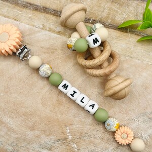 Personalized Peach Colored flower Pacifier Clip with Matching Rattle, Custom Pacifier Clip, Newborn Baby Shower Gift Sets, Montessori Rattle image 5