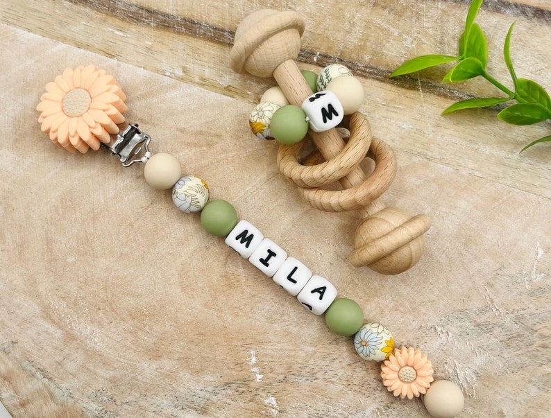 Personalized Peach Colored flower Pacifier Clip with Matching Rattle, Custom Pacifier Clip, Newborn Baby Shower Gift Sets, Montessori Rattle image 5