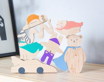 Wood Stacking Toy - Montessori Balancing Toys - Superhero Toys - Imaginative Play - Christmas Gift for Kids -