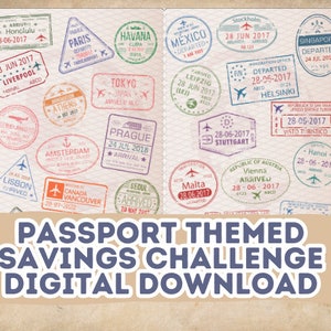 May include: A digital download printable featuring a passport themed savings challenge. The image shows a passport with various colorful stamps from different countries around the world.