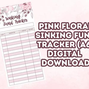 May include: Printable sinking fund tracker with a floral design. The tracker has columns for date, description, amount, and balance. The text "sinking fund tracker" is at the top of the page.