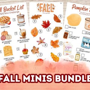 May include: Three printable fall-themed activity cards with a $25 mini challenge, a fall savings game, and a pumpkin pie recipe. The cards feature illustrations of fall leaves, pumpkins, pies, and other fall-themed items.