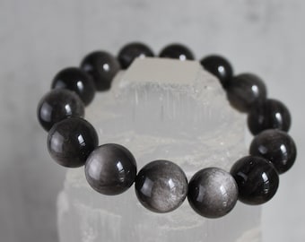One (1) High Quality Chunky Flash Silver Sheen Obsidian Bracelet 14mm for Protection, Growth, Strength and Self-Control