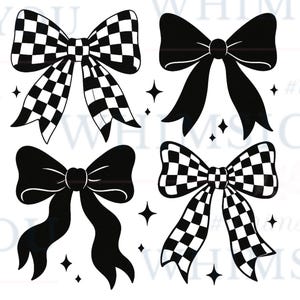 Trendy Black and White Checkered Bow Coquette PNG ClipArt Collage, Black Preppy Bow Clip Art, Ribbon White Bow T-Shirt Design Sublimation
