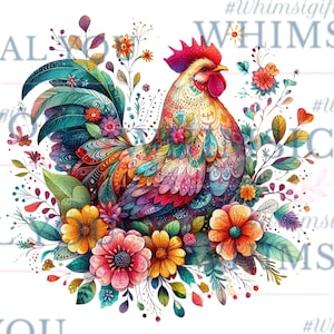 Rustic Farmhouse Chicken & Flowers Sublimation Design - Floral Chicken Clipart PNG File for Crafting and Printing, Instant Download