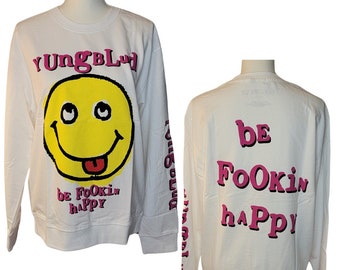 Yungblud Raver Smile, Be Fookin Happy, Print on Back and Sleeves, High Quality White Sweatshirt Men's Size, By Rock Off