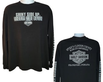 Harley Davidson Shiny Side Up, Rubber Side Down, Long Sleeve Tee, Frankfort Indiana, Print on Back and Both Sleeves, Men's Size XL