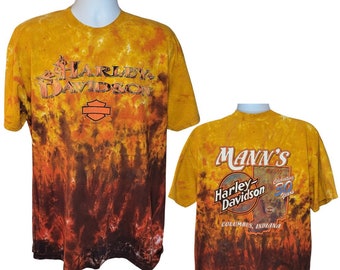 Harley Davidson Mann's Columbus, IN, Yellow/Orange Flames Tie Dye Tee, Print on Back, Men's Size XL