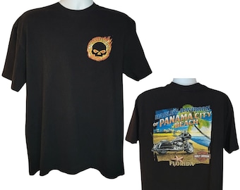 Harley Davidson Panama City Beach Tee, Print on Back, Florida, Skull with Flames, Motorcycle on Beach, Men's Size Large