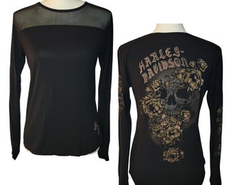 Harley Davidson Skull & Roses Long Sleeve Women's Shirt, Mesh Yoke, Classic Scoop Neck, High Quality, Women's Size Small