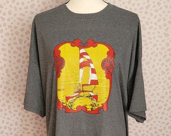 Vintage 1974 Sailboat Graphic Dark Heather Gray Tee, Gildan Heavy Cotton Men's Size 2X