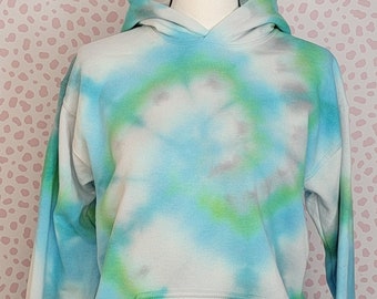 Tie Dye Hoodie, Youth Size XL, Blue, Green, Gray, White Tie Dye, Spiral Design, Gildan Heavy Blend Hoodie