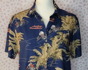 Harley Davidson Hawaiian Short Sleeve Button Down Shirt, Aloha Harley Davidson Shirt, Women's Size Large