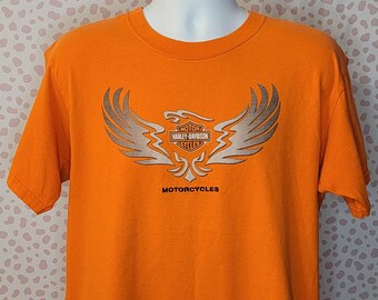 Vintage Harley Davidson T-Shirt, Schofield, WI, Embroidered, Harley Orange, Men's Size Large