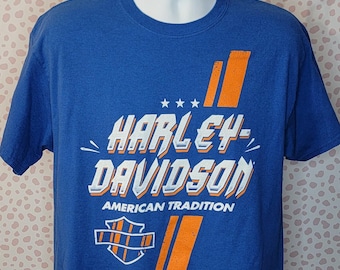 Harley Davidson American Traditions Vintage T-Shirt, Blue & Orange, Back Print, Men's Size Large St. Petersburg Clearwater Florida